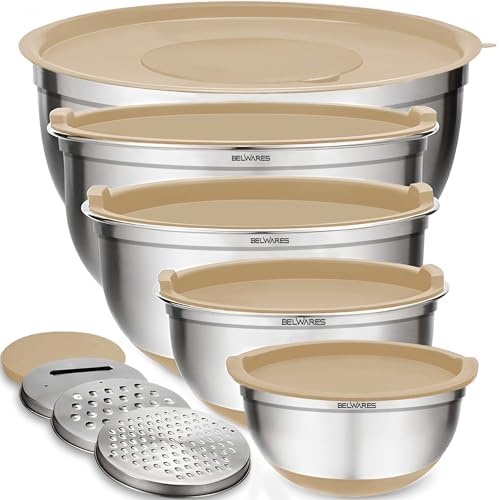 Belwares Mixing Bowls with Lids Set of 5 - Stainless Steel Nesting Bowls with Non-Slip Silicone Bottoms, Airtight Lids & 3 Grater Attachments Kitchen Baking Bowls for Food Prep & Storage (Khaki)