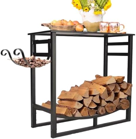 Heavy Duty Firewood Rack with Tabletop & Hook - Indoor Outdoor Log Holder for Fireplace - Rectangle Lumber Organizer, Width 110 cm (43 1/4")