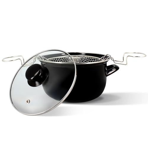MENASTYL - Friteuse 20cm en acier émaillé noir et bord chrome - Fournie avec couvercle et panier,...