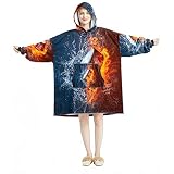 Übergroße Hoodie Decke Sweatshirt, Sherpa Flanell tragbare Decke Hoodies mit Tasche für Erwachsene Männer Frauen Feuer und Wasser Eishockey Puck Exploding