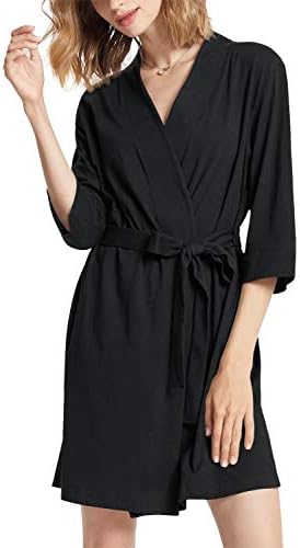 SIORO Womens Cotton Robes Lightweight Kimono Robe Knee Length Bathrobe Gowns Soft Knit Summer Nightwear V-Neck Loungewear Sexy Sleepwear Short, Black, Medium