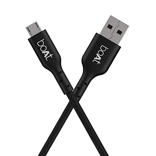 Image of boAt Micro USB 150 Tangle-free, Sturdy Micro USB Cable with 3A Fast Charging & 480mbps Data Transmission, 10000+ Bends Lifespan & Extended 1.5m Length Black)
