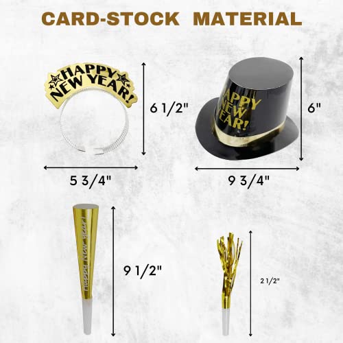 4E's Novelty New Years Eve Party Supplies 2023 For 10 Guest - 20 Pieces Total Includes 5 Top Hats, 5 Tiaras, & 10 Noisemakers - Black Gold Silver Nye Decorations #TOP6