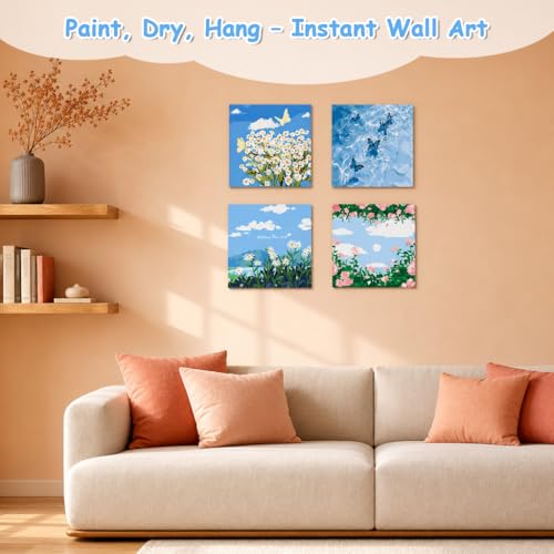 Image of HASTHIP 4PCS DIY Acrylic Paint by Numbers Kit with Frame, Floral & Landscape Canvas Art Set, Acrylic Paints & Brushes Included, Wall Decor Craft Kit for Adults & Beginners, 20x20cm