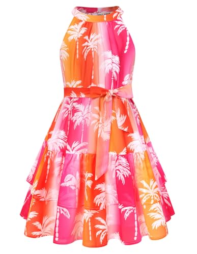 GRACE KARIN Girls Vacation Beach Dress Rainbow Tropical Hawaiian Halter Chiffon Summer Party Sundress Dresses for Kids Size 12