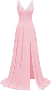 Women's Bridesmaid Dresses Long Chiffon Slit Semi Formal Dresses V-Neck Backless A-Line Evening Gowns for Wedding