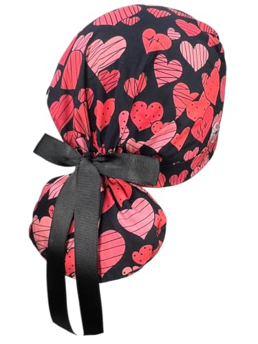 Image of Scrub Cap for Women and Men, Ponytail Scrub Caps, Working Hat, Head Cover with Ribbon Ties and Buttons, Long Hair