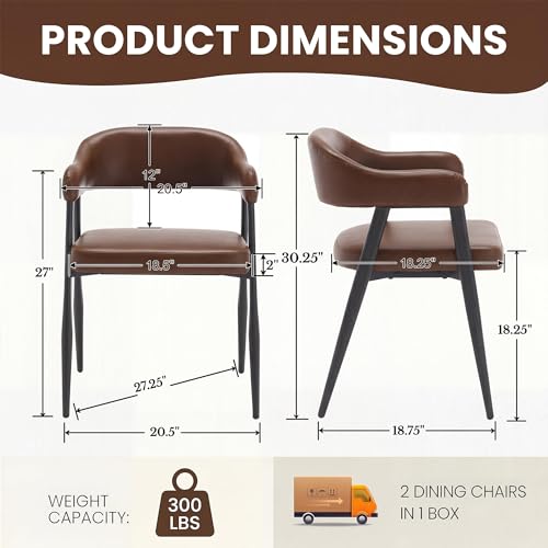 Image of HNY Modern Dining Room Arm Chairs Set of 2, Retro Faux Leather Upholstered Barrel Dining Chairs with Arms Mid-Century Brown Accent Chair with Metal Legs, Open-Back Kitchen Side Chair for Living Room