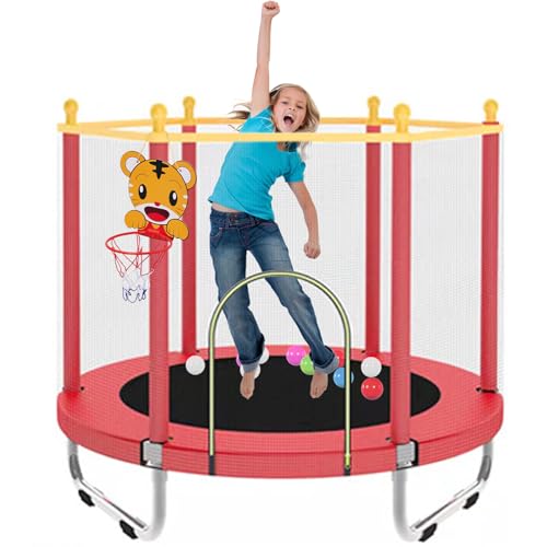 55" Kids Trampoline with Safety Net Enclosure, Outdoor Indoor Trampoline with Basketball Hoop for Kids, Play Equipment for 3 4 5 6 7 8 Years Old Boy and Girls (Red)