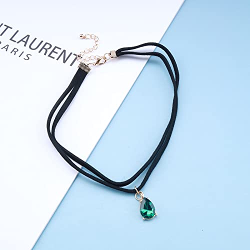 Iaceble Vintage Layered Suede Choker Necklace Green Teardrop Clavicle Necklace Black Velvet Choker Necklace Cz Emerald Pendant Necklace Collar Jewelry For Women And Girls #TOP5