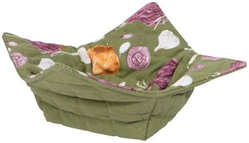 Now Designs Aromatics Bowl Cozy, Quilted Cotton, Watercolor Onions & Garlic, Microwave Safe, 9x9x2in