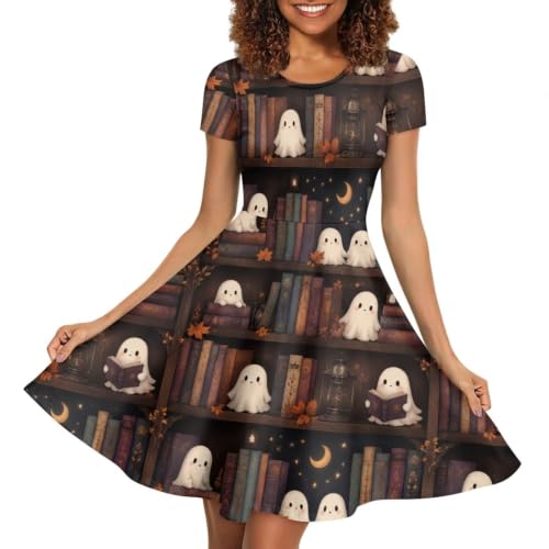 Image of POLERO Women Puffy Swing Elegant Party Midi Dresses Short Sleeve Round Neck A-Line Dress