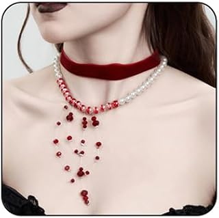 Gothic Blood Pearl Choker Necklace for Women Adjustable Dripping Blood Bleeding Pearls Necklaces Vintage Multiply Layered Vampire Necklace Goth Halloween Party Jewelry