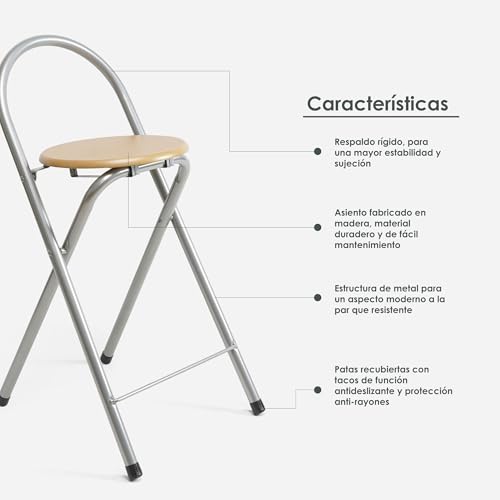 Miniatura 4 de The Secret Home - Pack De 2 Taburetes Plegables De Cocina - Asiento Plegable De Metal Y Madera - Taburete Apto Para Interior Y Exterior Alto: 80 Cm X Largo: 40 Cm - Madera Natural Plateado