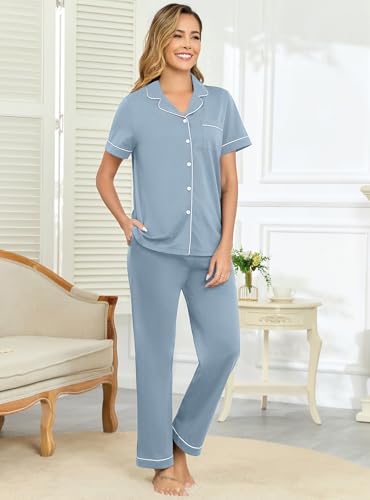 Image of Veseacky 100% Cotton Pajamas for Women Set Short Sleeve Button Down Sleepwear Soft 2 Piece Summer Pjs Lounge Sets S-XXL