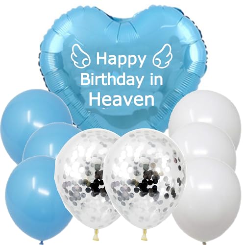 Nine Memorial Heart Balloon with String Happy Birthday in Heaven blue Balloon Heart-Shaped for Cemetery Outdoors Garden Yard Memorial Grave Markers Bouquet Topper