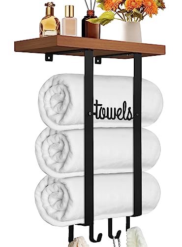 IBosins Towel Holder Bathroom Storage with Wooden Shelf and 4 Hooks Towel Rack Wall Mounted for Rolled Towels Towel Organizer for Narrow Bathroom Accessories and Decor