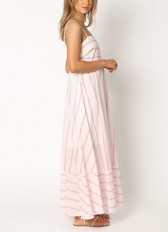 Image of KMBANGI Women Striped Sleeveless Maxi Dress Swing Patchwork Midi Dress Smocked Spaghetti Strap Colorful Long Sundress