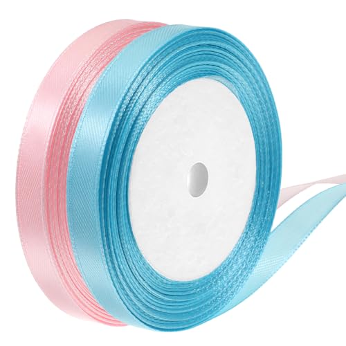 2 Rolls Pink and Blue Ribbon Light Double Faced Satin Ribbon 3/8 Wide Satin Blush Pink Fabric Ribbons Light Blue Silk Ribbons Crafts Wedding Floral Bouquets for Gift Wrapping