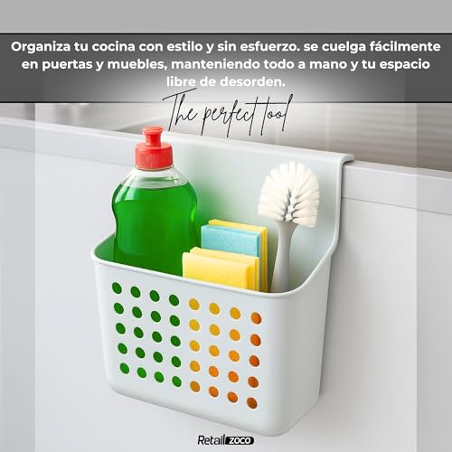 Miniatura 3 de Chefzoco Cesto De Almacenaje Para Puertas, Estante De Cocina Para Colgar, Organizadora De Cocina Con Gancho, Apta Para Colgar En Mueble, 26 Cm Altura, 24.5 Cm Ancho, 13 Cm Fondo, Plástico, Blanco