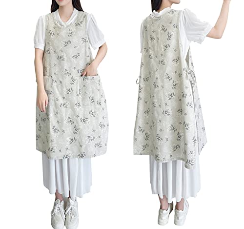 Talibsa Pinafore Apron Dress,Japanese Cotton Linen Cross Back Apron For Women With Pockets，Pinafore Dress With Waist Ties (Daisy Flower) #TOP8