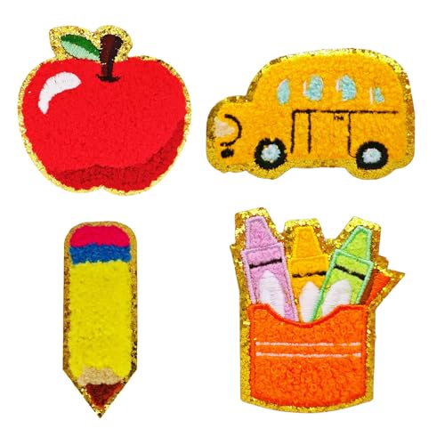4PCS Back to School Iron On Patches - Glitter Chenille Embroidered Pencil Apple & School Bus DIY Sew On/Iron on Badges for Kids Jacket Backpack Jeans First Day of Class Decor (Yellow)