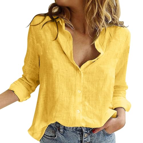 Image of Linen Blouses Cheesecloth Shirts Women Lapel Long Sleeves T Shirt Blouse Lagenlook Tops for Women UK Plus Size Velvet Tops Yellow