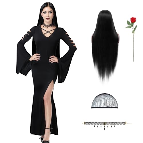 MOMOSTAR Disfraz Morticia Addams, Disfraz Halloween Mujer, Vestido Morticia Addams Mujer con Collar Peluca, Vestido Negro con Hombro para Halloween Cosplay Carnaval Fiesta (M)