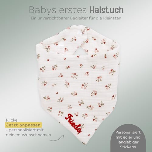 wunderwunsch Baby Halstuch, Babygeschenk, Geschenk zur Geburt, Dreieckstuch Kinder, Taufgeschenk personalisiert mit deinem Wunschnamen in 8 süßen Designs (Herz Blumen)