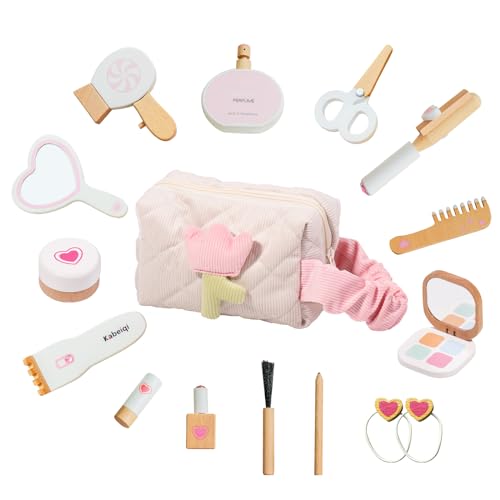 Wooden Makeup Toy Set for Toddlers, 16 Pieces Pretend Play Beauty Salon Kit with Styling Tools, Cosmetics and Storage Bag for Kids Age 3 4 5 6 7 8 Years Old