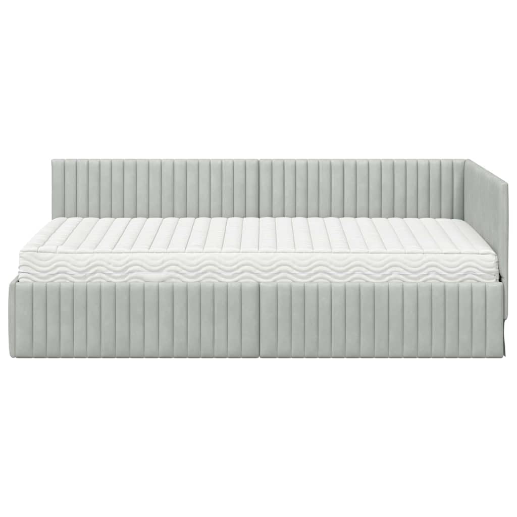 Struttura letto angolare in velluto grigio chiaro con materasso 2 pezzi supporto robusto e testata montata a parete ideale per camere moderne e funzionali