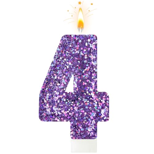 Zailo Birthday Number Candles, Glitter Number Candle Cake Decorations with Sequins, Cupcake Decorations for Girls, Women, Party Anniversary Celebrations (Number 4, Purple)