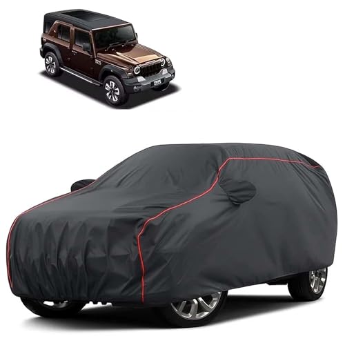 Image of Sulfar 100% Water Resistant Car Body Cover Compatible with Mirror for Mahindra Thar Roxx (Triple Stitched, Full Bottom Elastic, Dark Grey Tafetta with Red Piping)