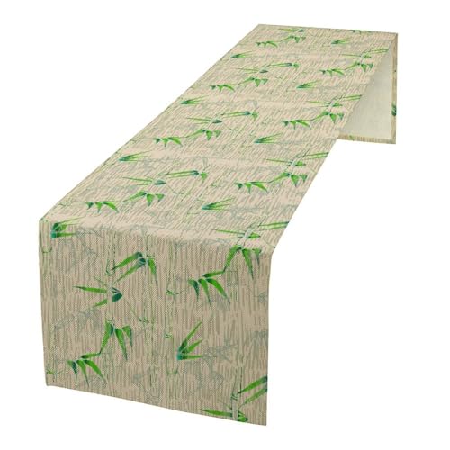 Image of Bamboo Print Linen Table Runner,Rustic Farmhouse Nature Table Decor for Indoor Outdoor Dining Kitchen, Coffee Table Decor, Spring and Summer Party Decoration,13x120 Inch
