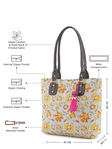 Image of NEPRI Office Pouch Tote Bag | Stylish Set of 2 Tote Bags for Women| Vegan Leather & Handblock Printed Fabric Handbag with Double Handle Shoulder Strap| Daily & Travel Use