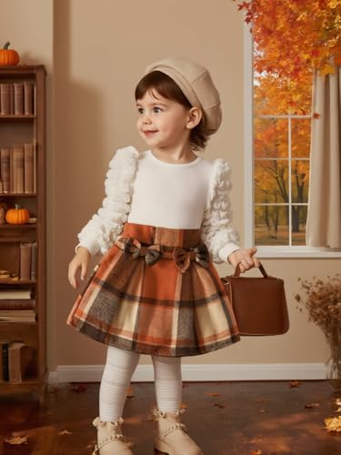 Toddler Baby Girl Plaid Dress Puff Sleeve Bow Patchwork Ribbed Shirts Dress Plaid Fall Winter Outfits with Headband3