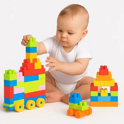 GRAPHENE 45 Pcs Big Mega Sized Building Blocks with Wheels - Smart Activity Fun and Learning Train Blocks for Kids | Educational and Exciting | Best Gift Toy for 3-Year-Old Boys & Girls (Multicolor)
