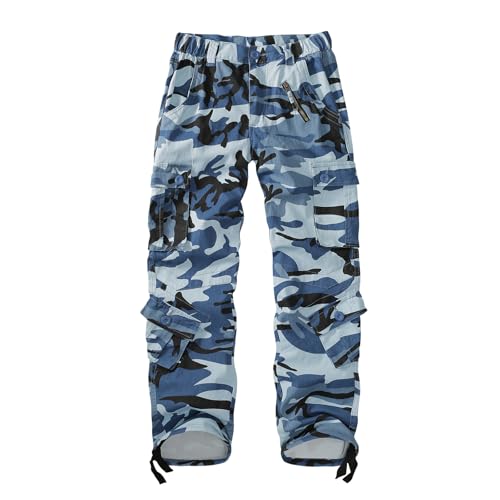 XNMAYA Women's Cotton Mid Waist Blue Black Camo Cargo Pants Casual Jeans Combat Work Trousers with 9 Pockets US 12-Tag 32