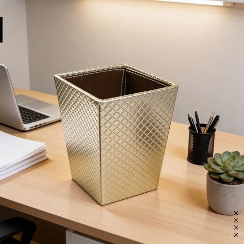 Image of Encasa XO Leather Dustbin for Home | 3 L (15x19 cm)(Small) Waste Bin for Bedroom, Washrooms, Kitchens Office, Hotel | Noise free, Floor Safe Trash Can | Textured Leather Garbage Bin - Light Gold