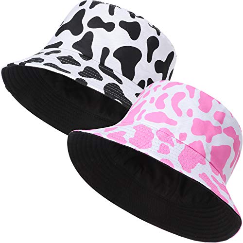 2 Pieces Cow Print Bucket Hats Unisex Bucket Hats Sun Hat Aesthetic Fishing Hat Double Side Wear For Women (Black And White, Pink And White) #TOP16