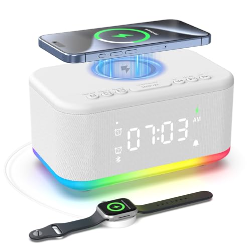Wireless Charging Alarm Clock Bedroom, Digital Alarm Clocks Bedrooms Bluetooth, Loud Bluetooth Speaker Alarm Clock Night Light Dual Alarm Snooze 12/24H Dimmer Bluetooth AUX USB Charging, White