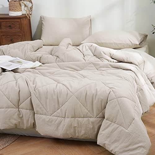 Atsense Queen Comforter Set Tannish Linen Grey, 3 Pieces 100% Washed Cotton Linen Feel, Soft Lightweight Warm Cream Beige Bed Set For All Season(1 Comforter, 2 Pillowcases) #TOP1