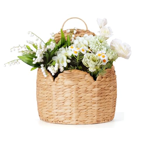 Door Basket Scalloped Hanging Storage Basket,Water Hyacinth Woven Wall Baskets for Front Door Decor, Hangable Storage Organize for Flowers,Planter,Mails,Wicker Baskets for Organizing Garden- L