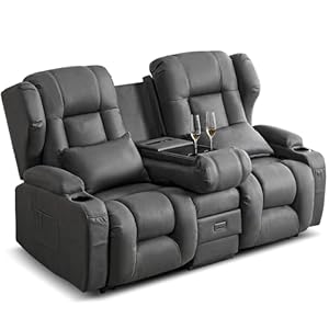 SITURAY 2er Relaxsessel mit Liegefunktion Fußteil, Zweisitzer Fernsehsessel 2 Sitzer TV Sessel mit Konsole, Manuell Verstellbar Doppel Kinosessel bis 360 kg (Klappbare Mittelkonsole, Leathaire Grau)