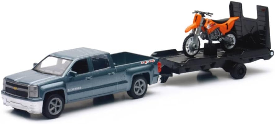 NewRay Toys Die Cast Chevy Silverado with Trailer and Dirt Bike