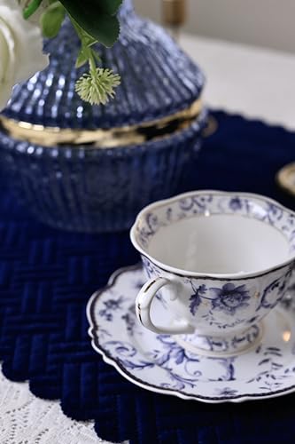 Image of Vigneto Floral Midnight Blue Cup and Saucer Set (Vintage Collection) for Tea /Coffee /Hot Drinks | Set of 6 Cup & 6 Saucers, 210 ML | Finest Premium Porcelain | Scratch Resistant | Chip Resistant
