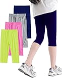 Kiench Girls Capri Leggings 3/4 Length Pants Pack of 4 Summer Dance Sports Capris US Size 10-12/9-10 Years, CN 150, Green & Rose Red & Grey & Navy Blue
