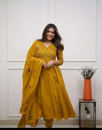 Image of KANCHAN TRADERS Women's Cotton Round Neck 3 /4 Sleeve Chikankari Embroidered Printed Kurta Palazzo with Dupatta Set