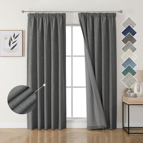 Joydeco 100% Blackout Curtains Linen Style Premium Grey Pencil Pleat Curtains 66x90 Inch 2 Panels, Thermal Insulated for Bedroom and Living Room