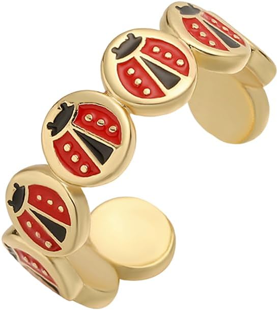 NewZenro Ladybug Adjustable Open Band Ring for Women Cute Gold Plated Black Red Enamel Insect Beetle Animal Statement Finger Ring Comfort Fit Trendy Jewelry